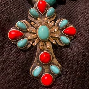 Turquoise Red and Turquoise 10” Necklace with Beaded 2.75x2” Cross Pendant